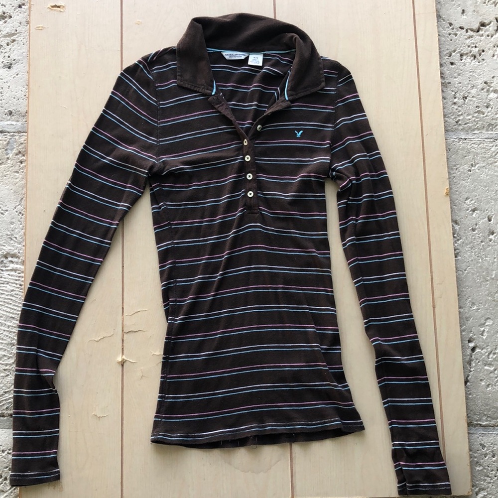 American Eagle Outfitters Long Sleeve Henley Shirt with Horizontal Stripes